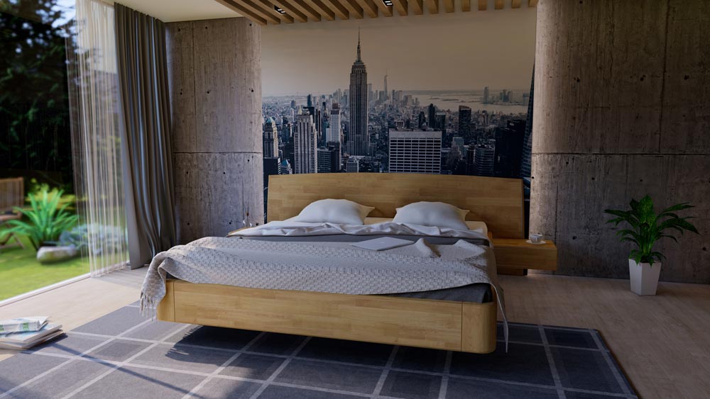 Nová masivní dubová postel NEVE pro rok 2020 s vestavěnými nočními stolky