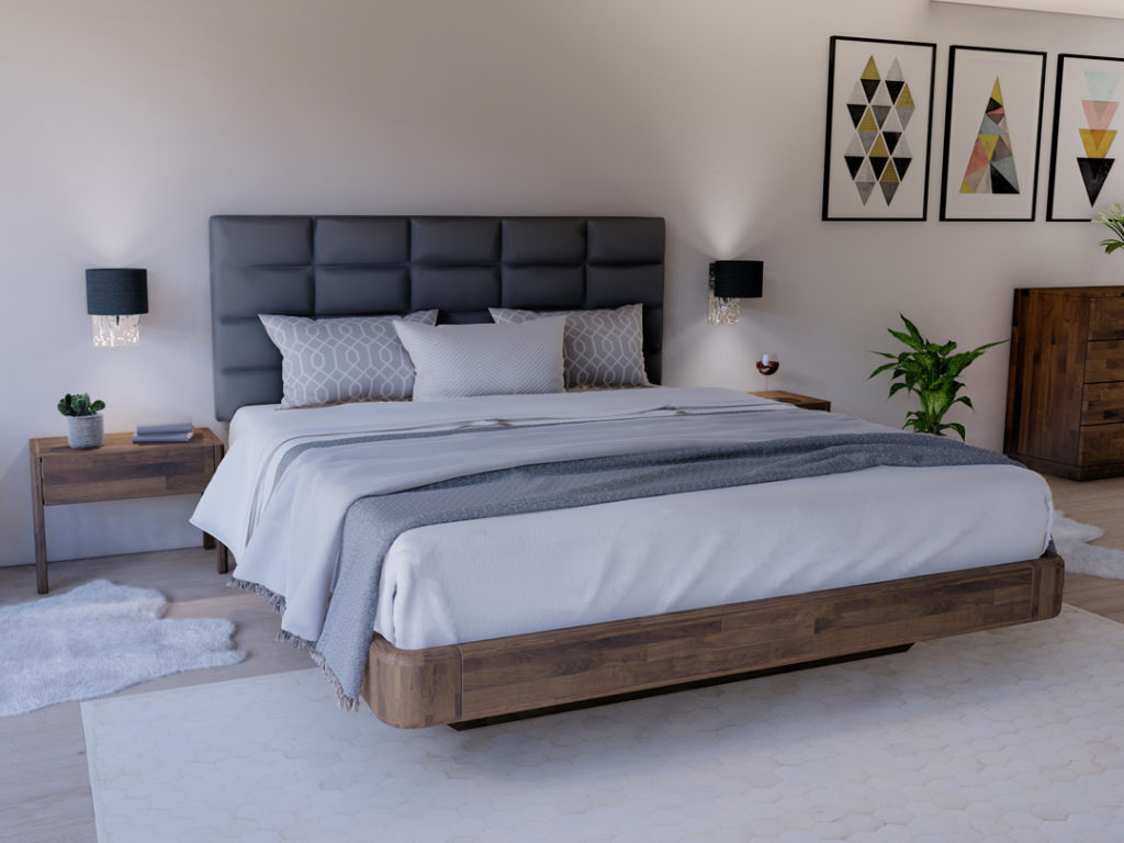Moderní masivní postel SALOR je moderní postelí s kombinací masivního dřeva a čalouněného čela
